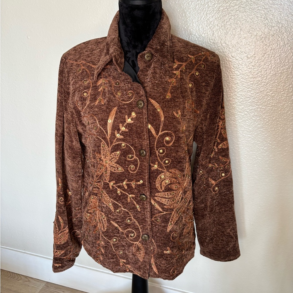 NWOT Alex Kim Floral Embroidered Brown Blazer Jacket Size PM